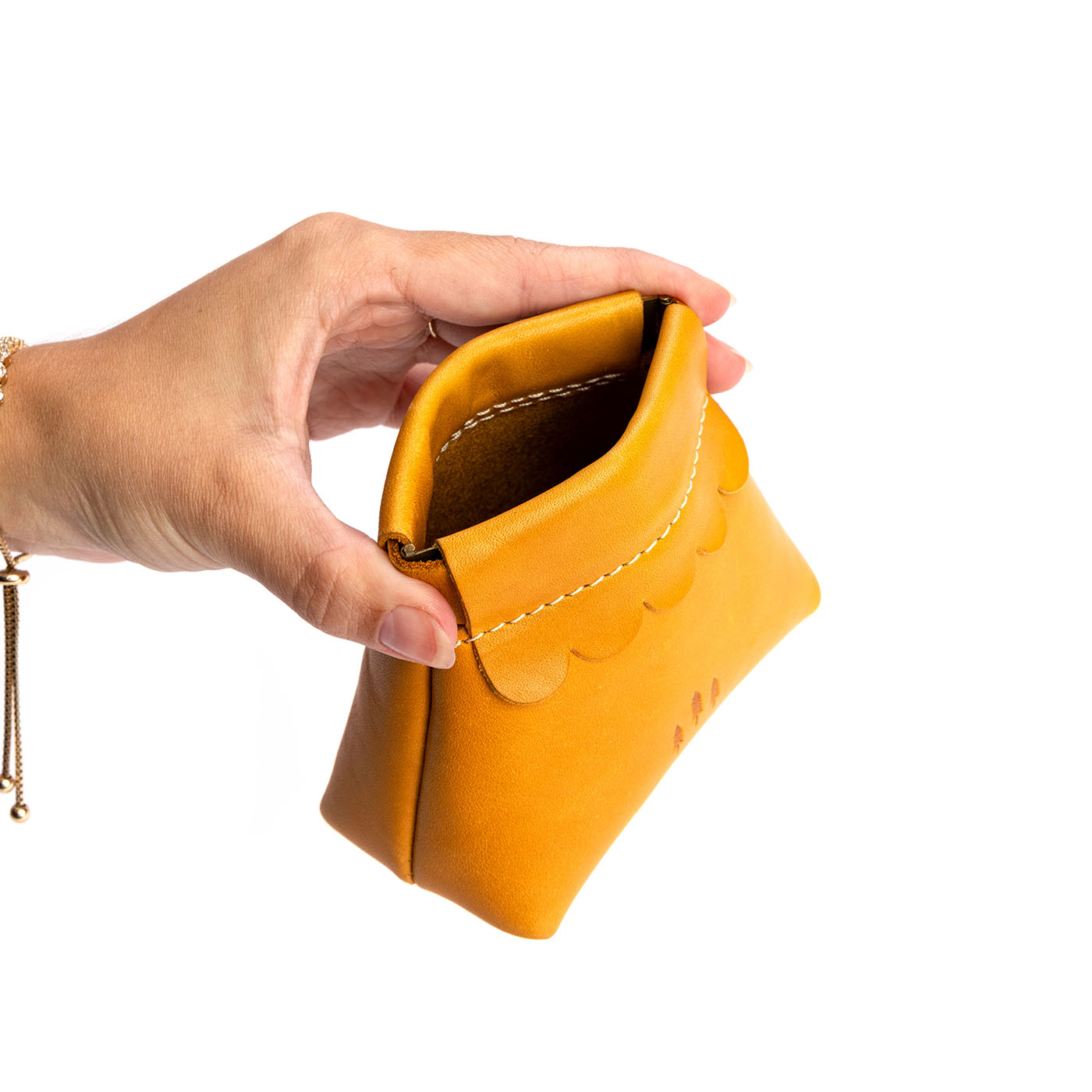 Sunflower | Leather coin pouch with scalloped edge and three Portland leather tree emblems