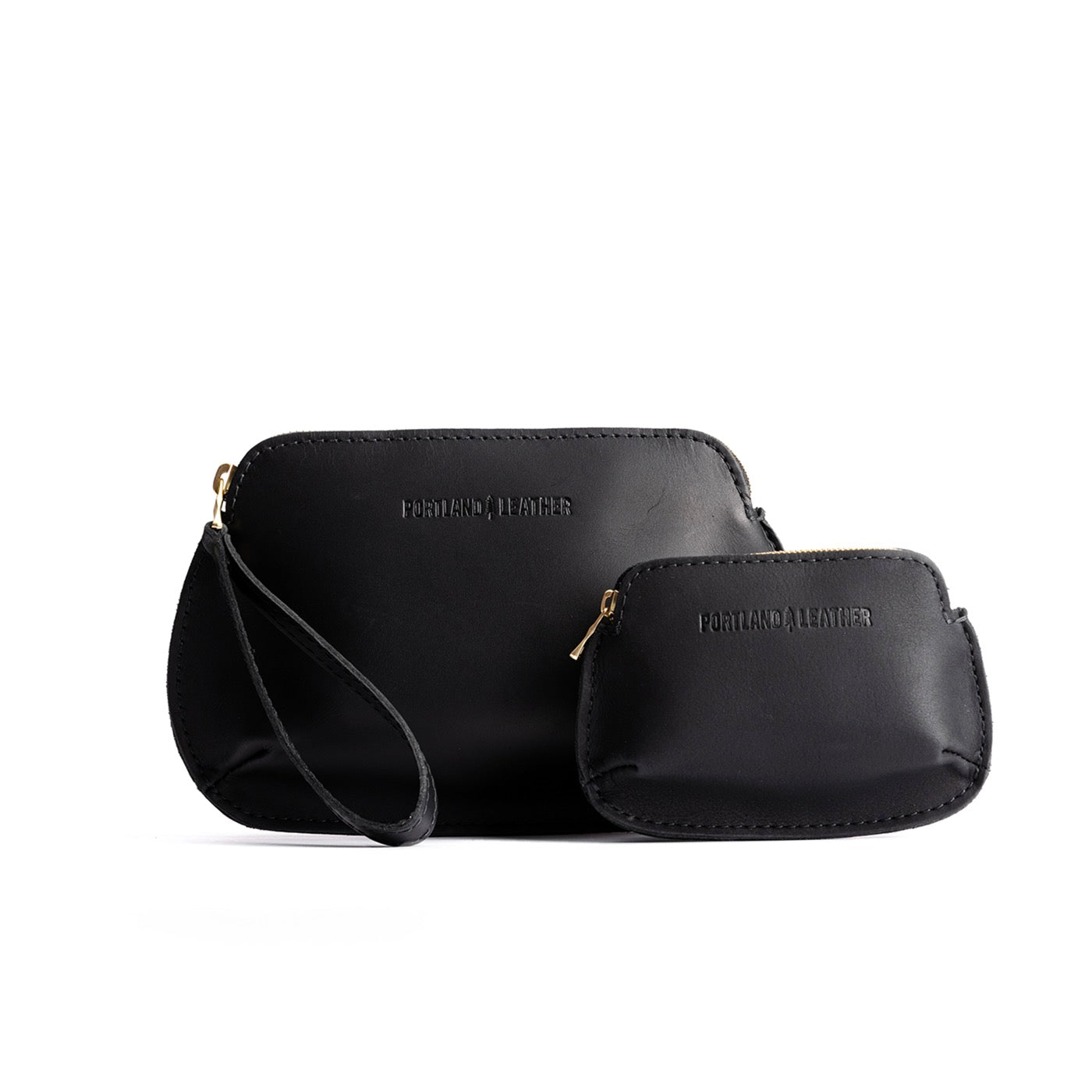 Black | Small and large pouch with top zipper and curved edges