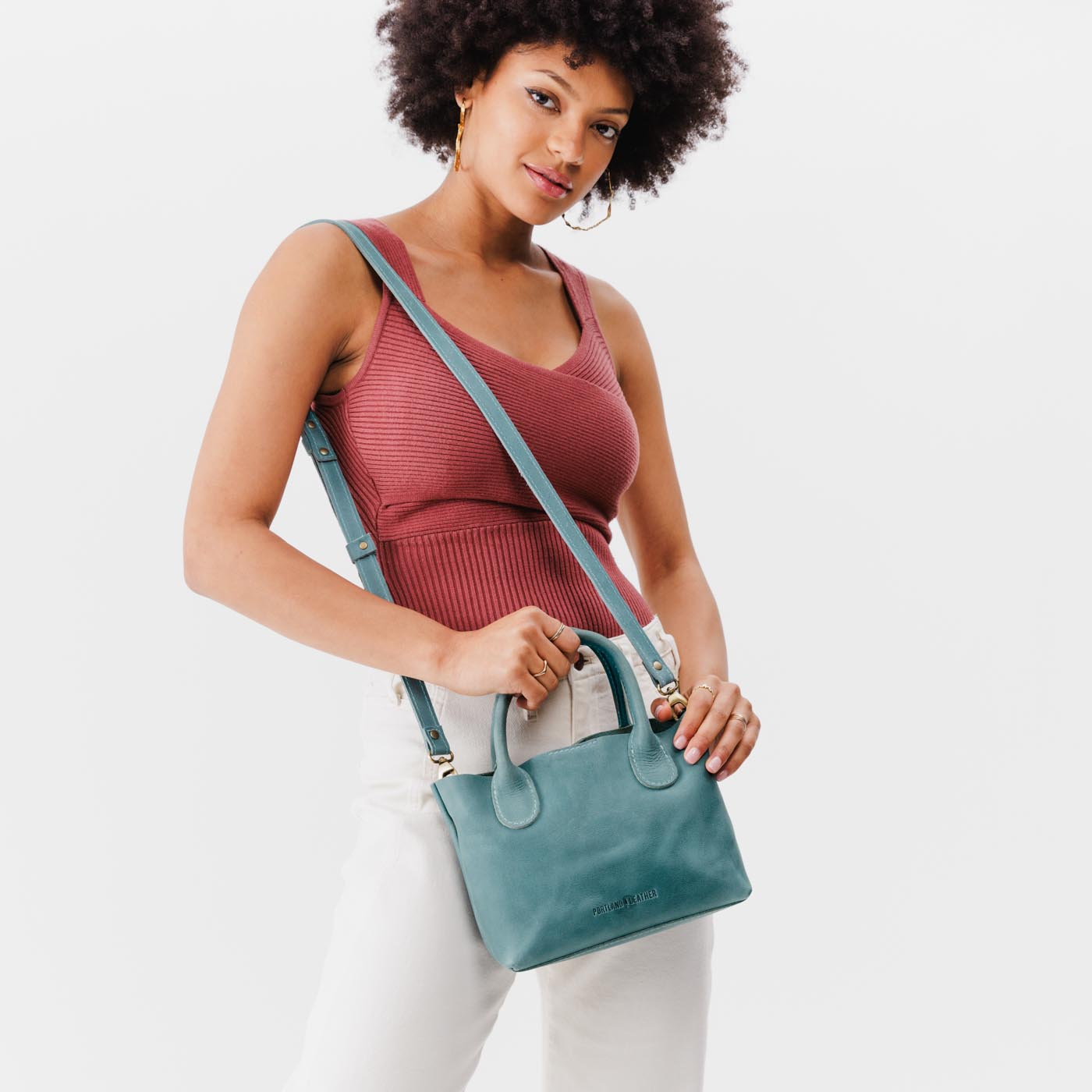 Aqua*Small | Petite tote purse with structured leather handles and crossbody strap