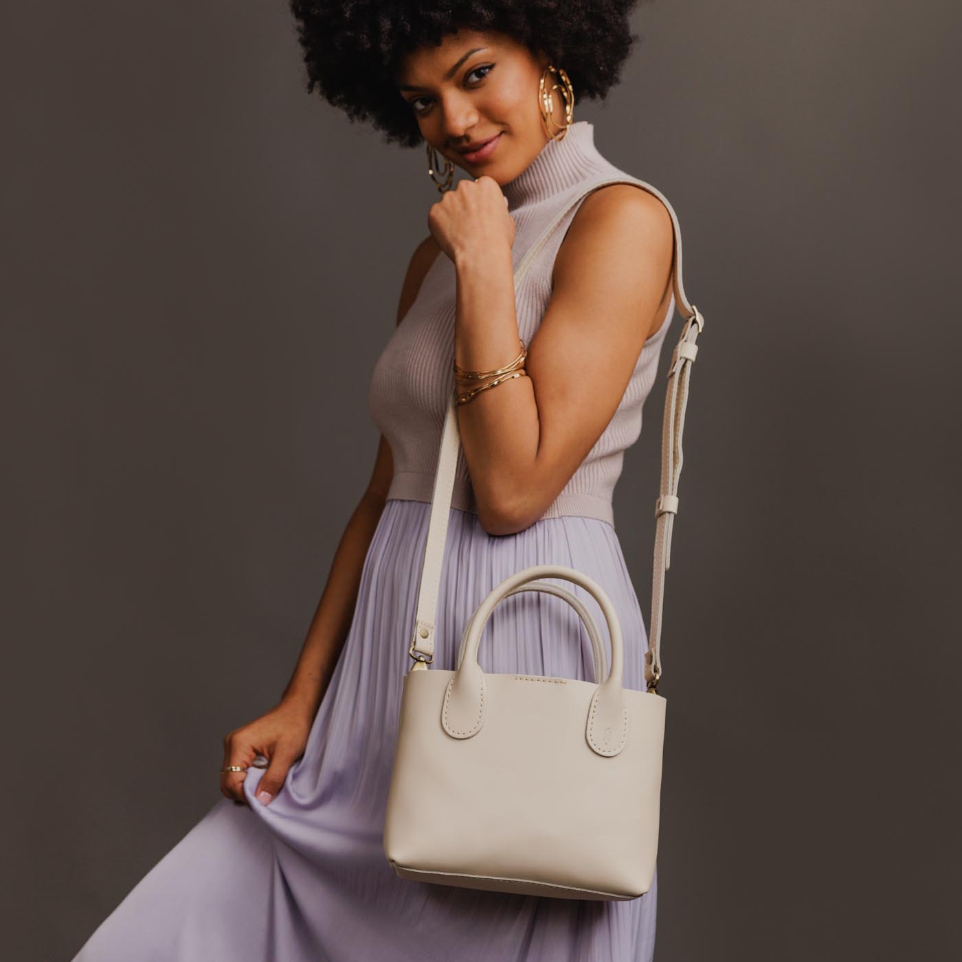 Bone Small | Petite tote purse with structured leather handles and crossbody strap