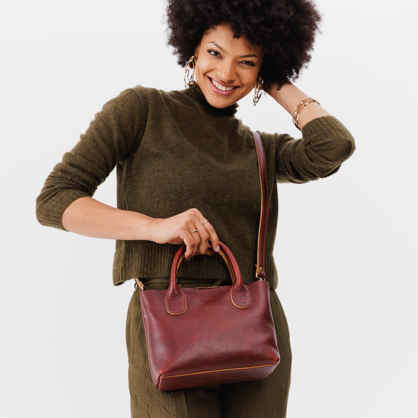 Cinnamon Bear Small | Petite tote purse with structured leather handles and crossbody strap