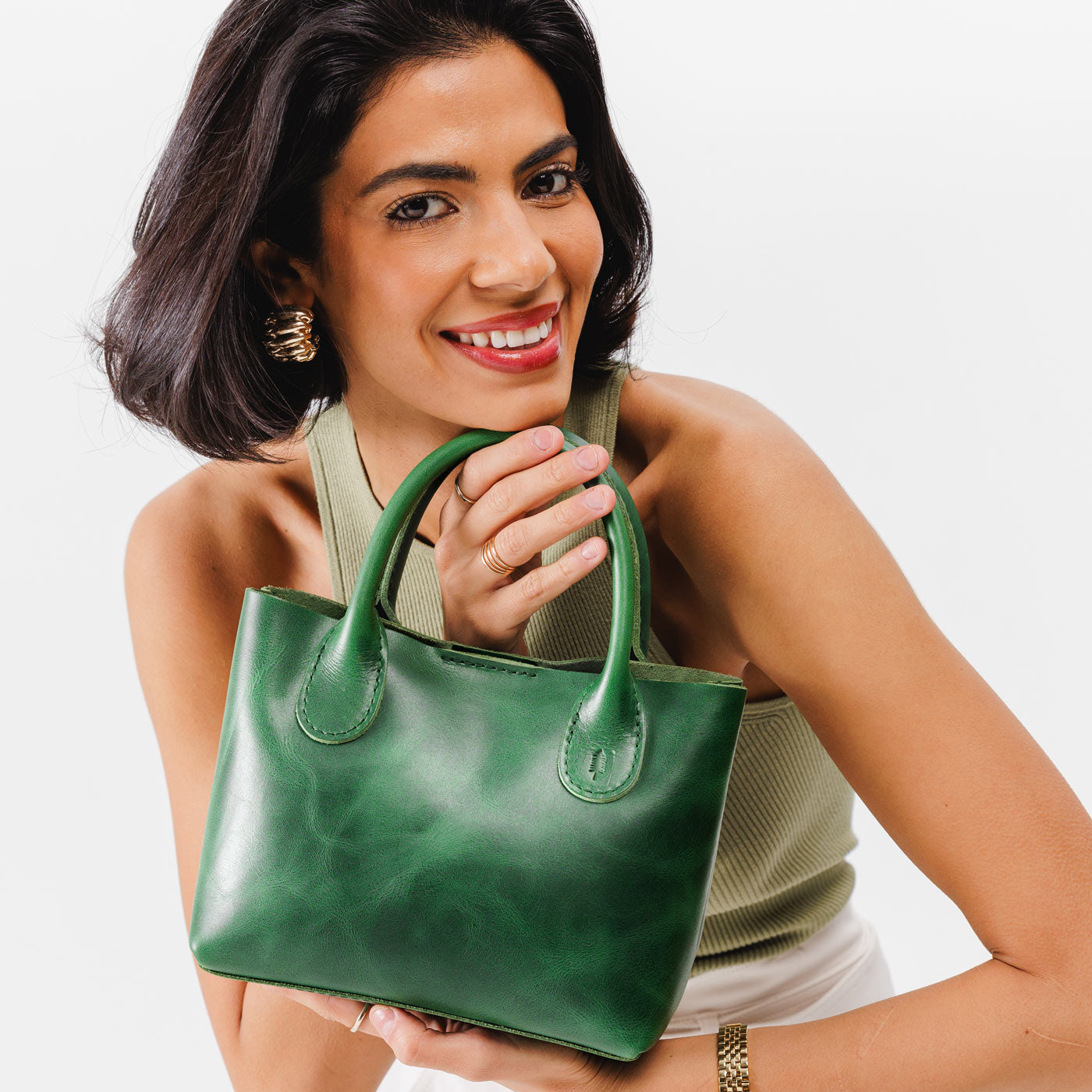 Cowboy Mint Small | Petite tote purse with structured leather handles and crossbody strap