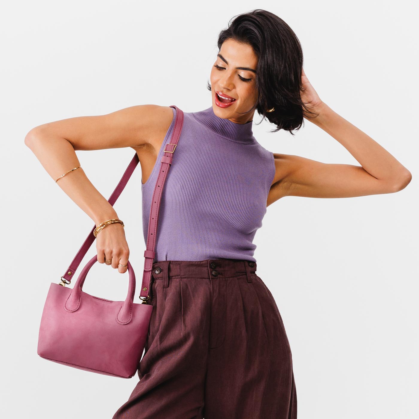 Foxglove*Small | Petite tote purse with structured leather handles and crossbody strap