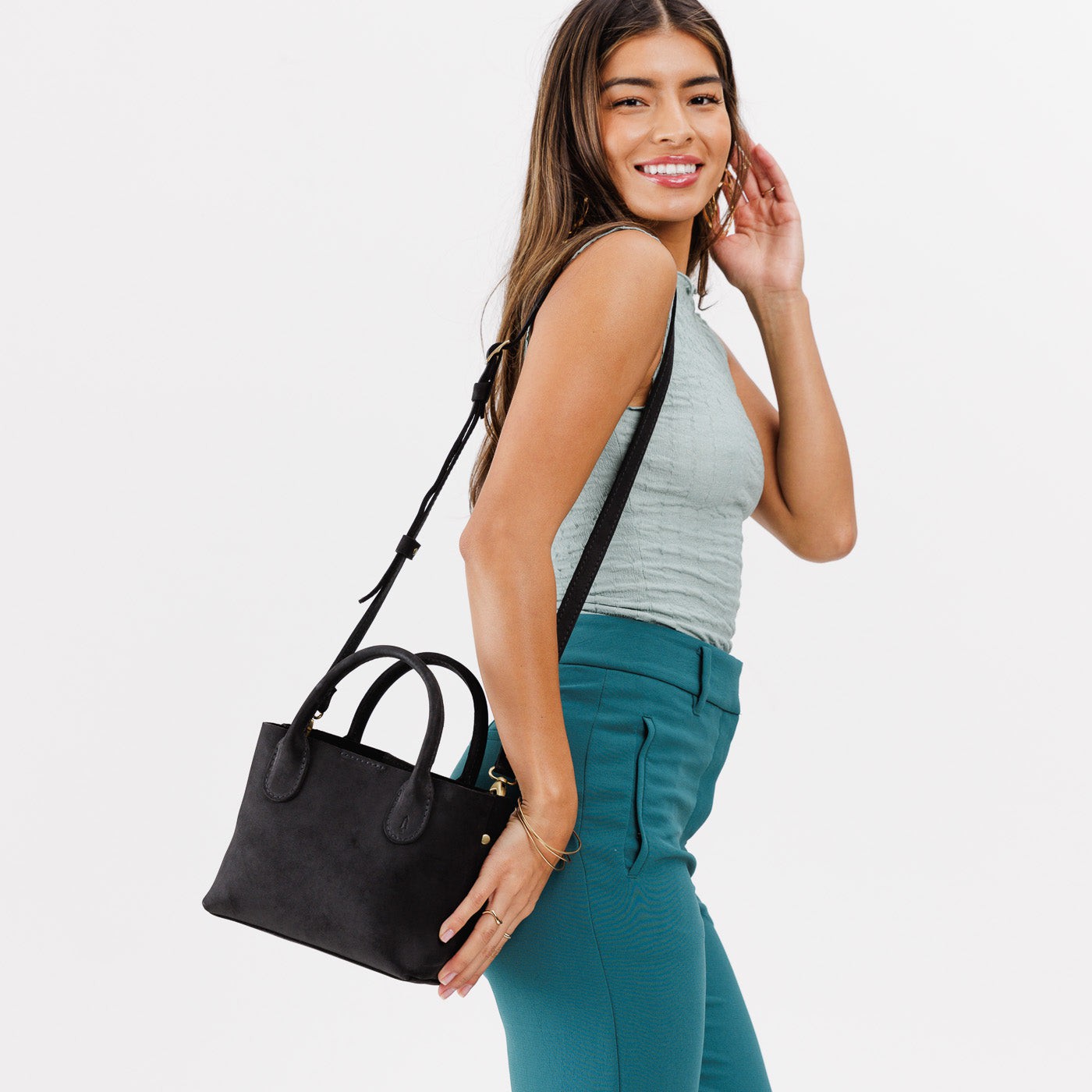 Shadow Black*Small | Petite tote purse with structured leather handles and crossbody strap