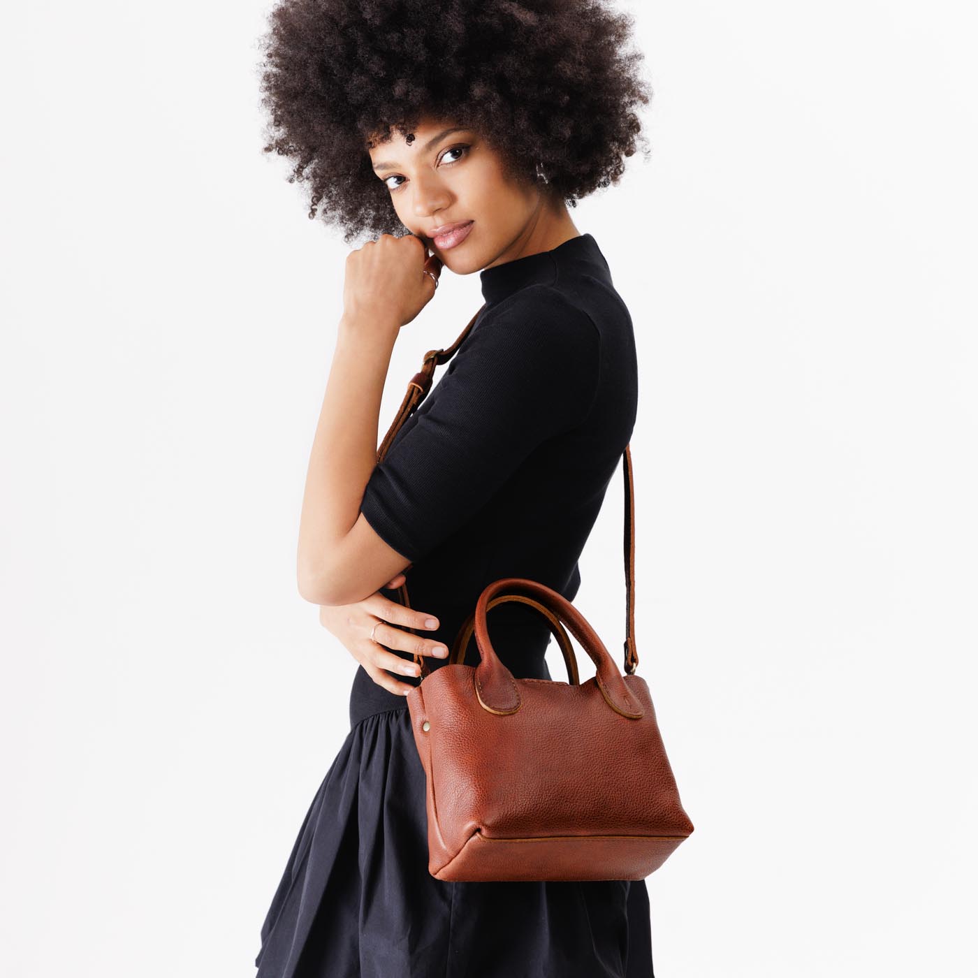 Nutmeg*Small | Petite tote purse with structured leather handles and crossbody strap