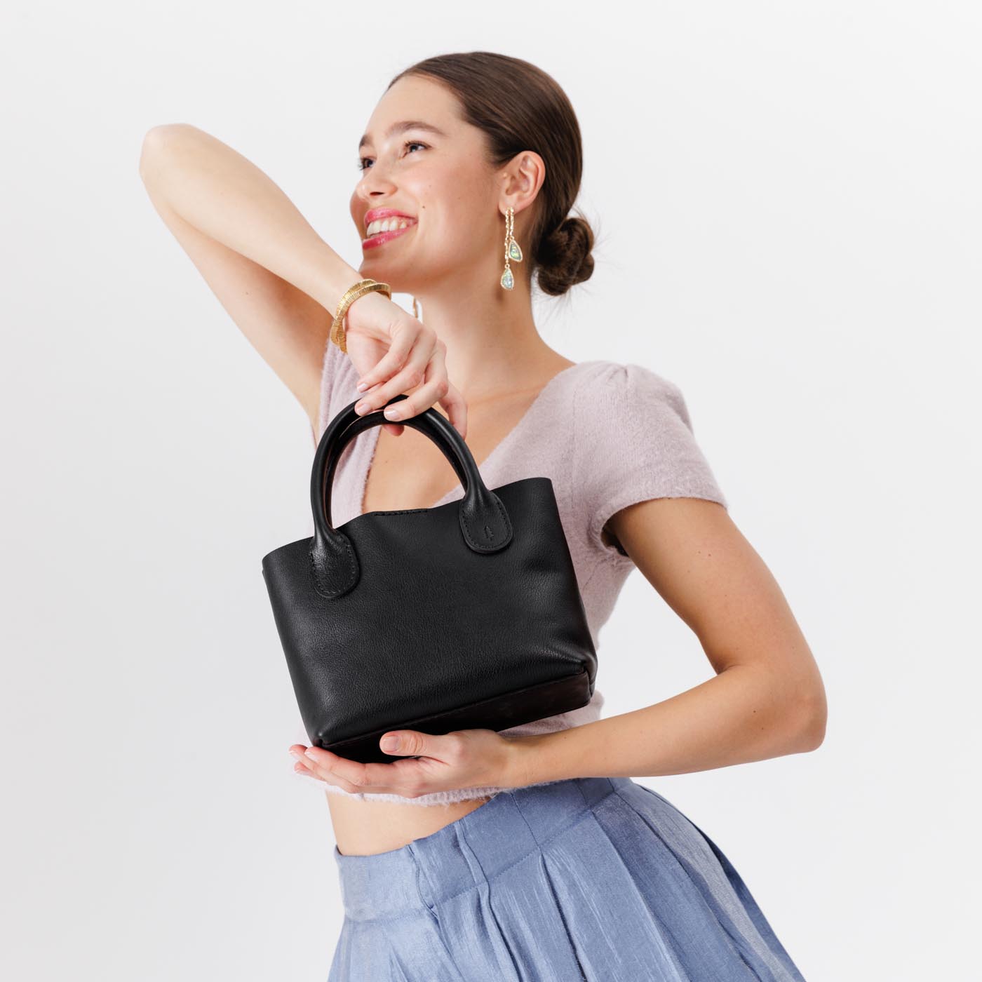 Pebbled--black*Small | Petite tote purse with structured leather handles and crossbody strap