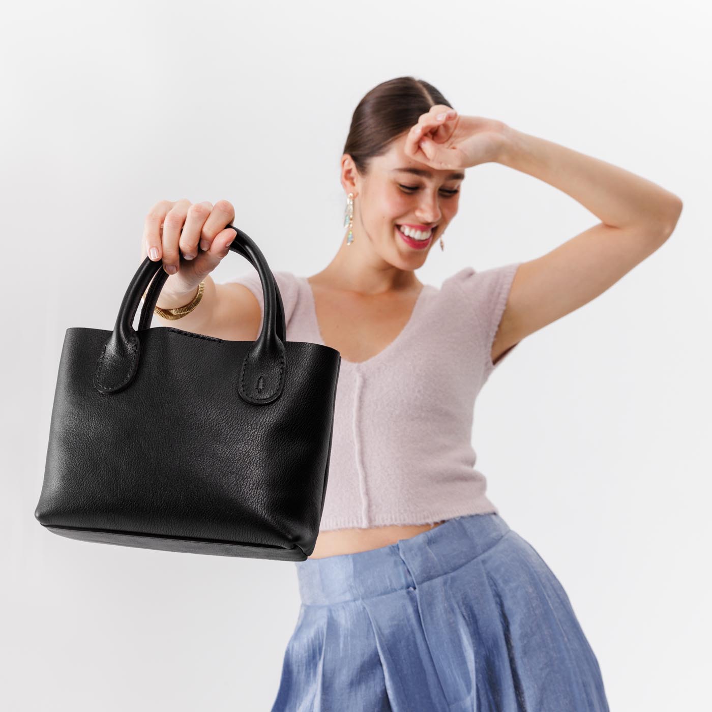 Pebbled--black Small | Petite tote purse with structured leather handles and crossbody strap