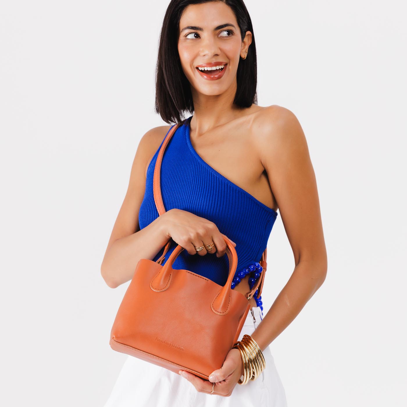 Persimmon Small | Petite tote purse with structured leather handles and crossbody strap