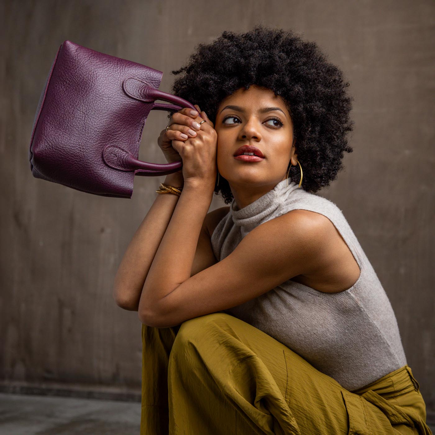 Plum*Small | Petite tote purse with structured leather handles and crossbody strap