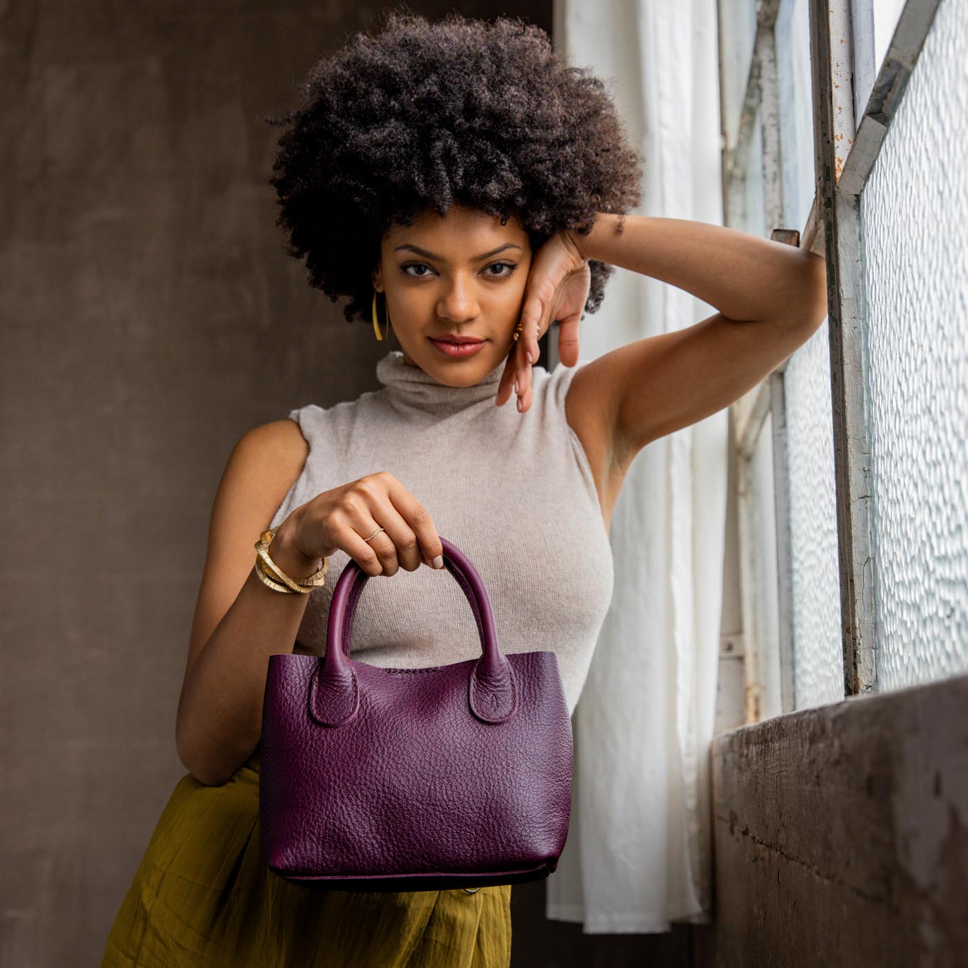 Plum Small | Petite tote purse with structured leather handles and crossbody strap