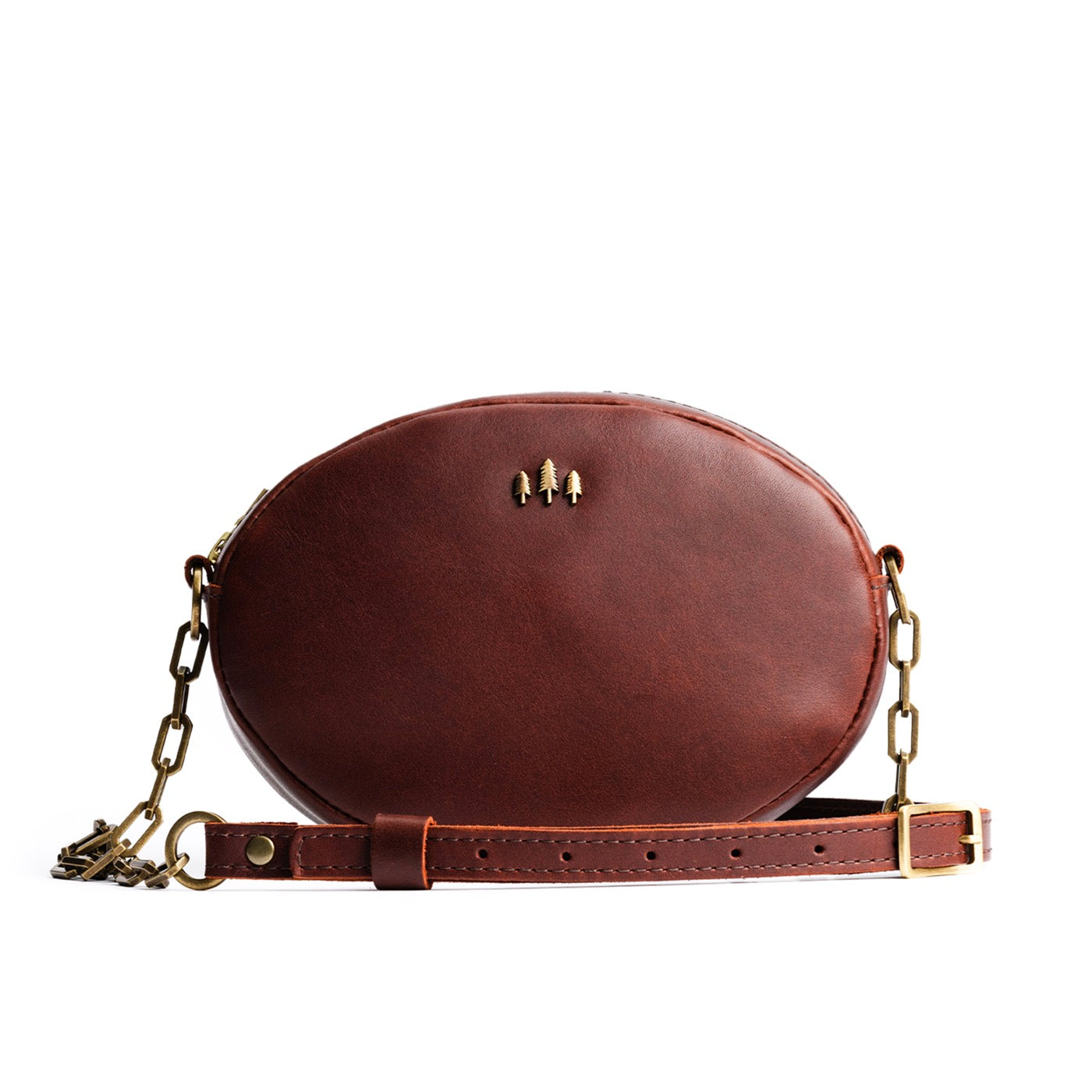 Cognac | Oval leather purse with metal crossbody chain strap and adjustable leather shoulder guard