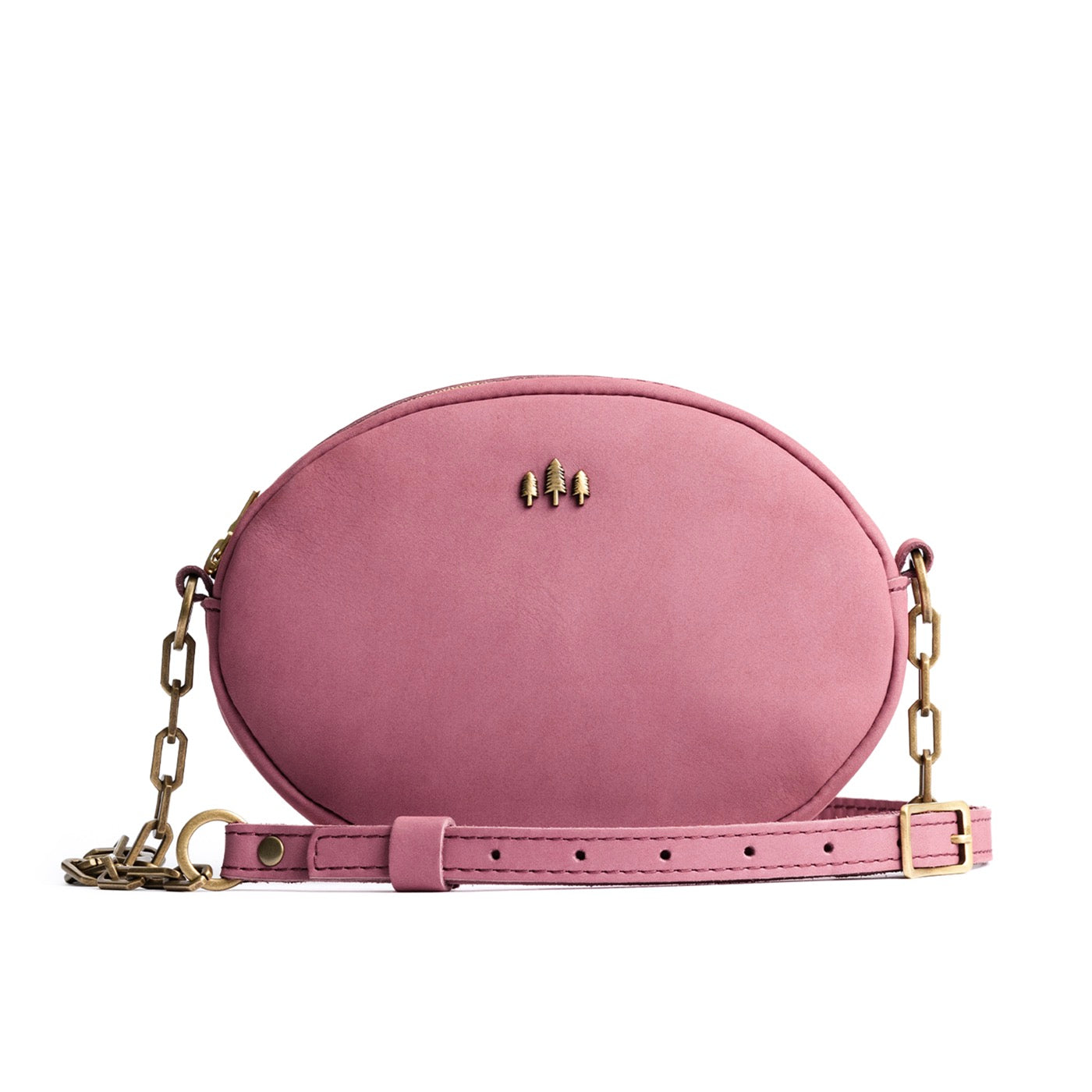 Foxglove | Oval leather purse with metal crossbody chain strap and adjustable leather shoulder guard