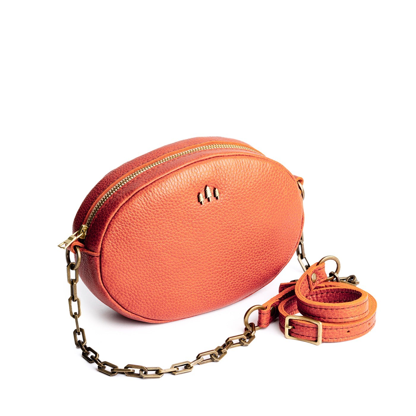 Koi | Oval leather purse with metal crossbody chain strap and adjustable leather shoulder guard