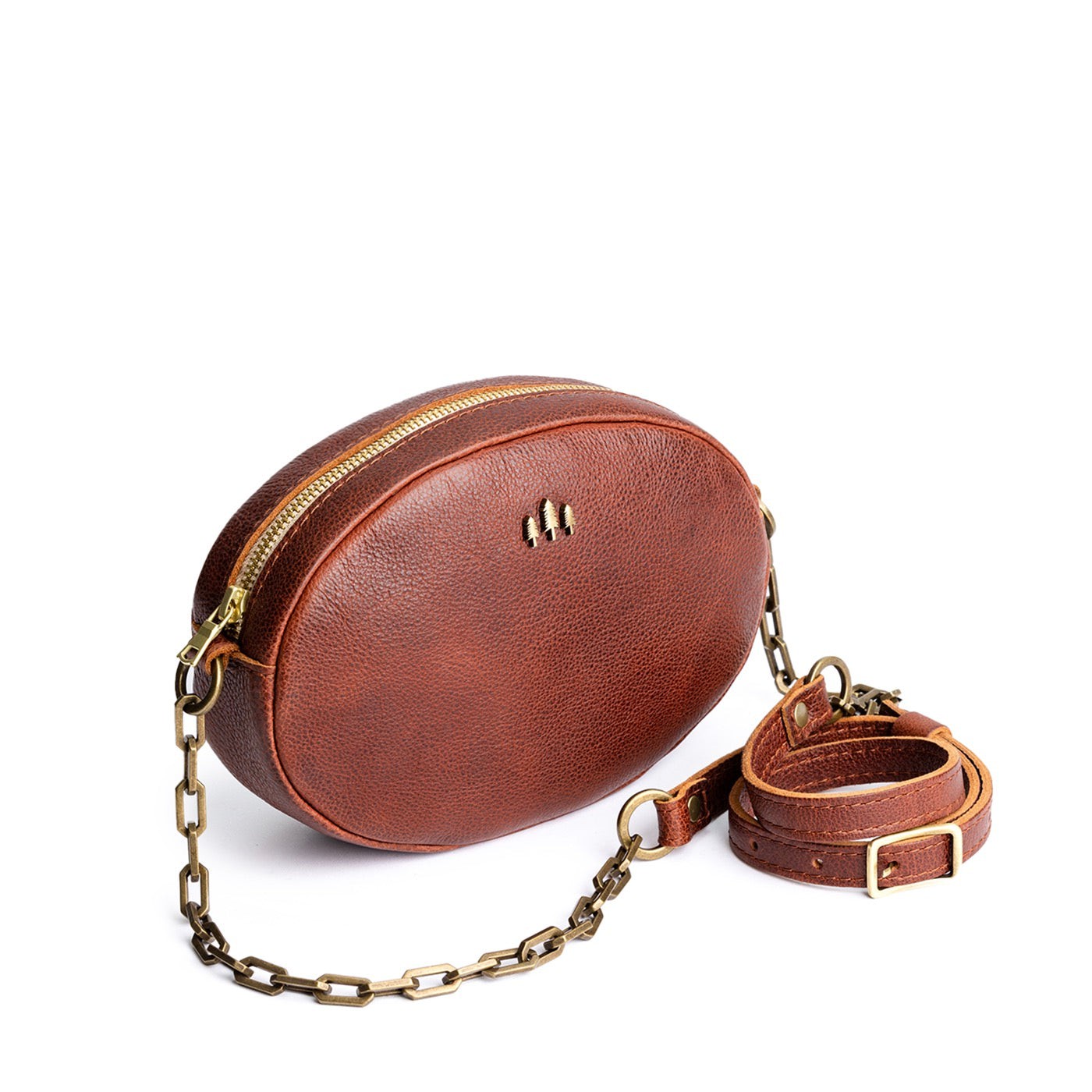 Nutmeg | Oval leather purse with metal crossbody chain strap and adjustable leather shoulder guard