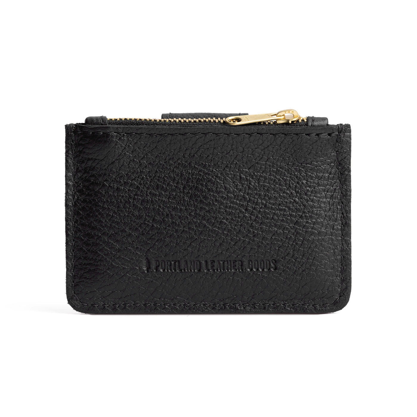 Pebbled--black | Back of compact wallet with snap closure and zippered pouch