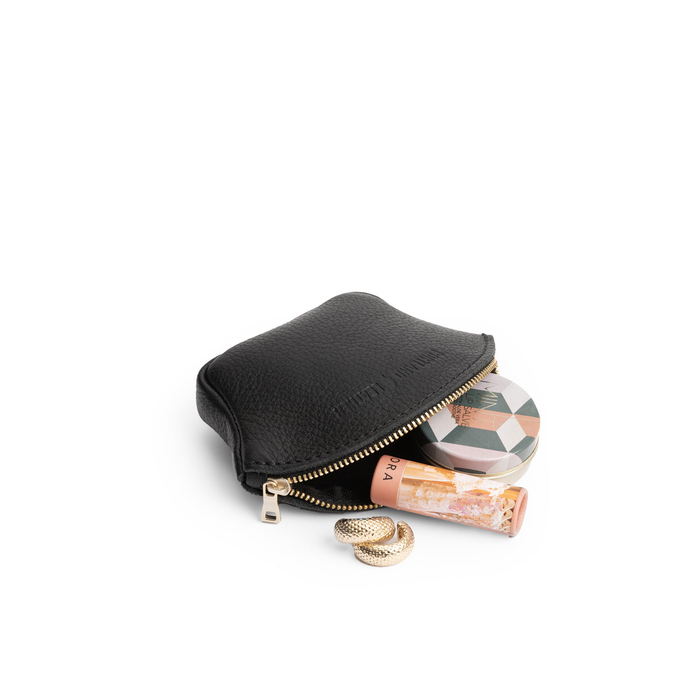 Pebbled--black*Small | Seashell shaped leather makeup bag with curved top zipper open and flat bottom