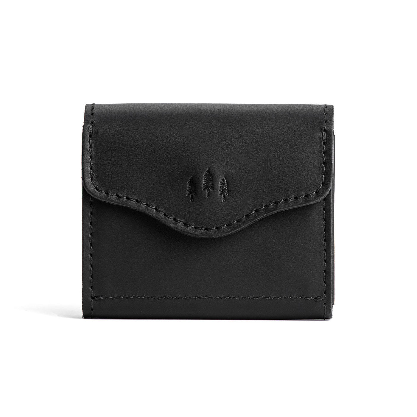 Black | Compact leather wallet with snap closure and three trees debossed