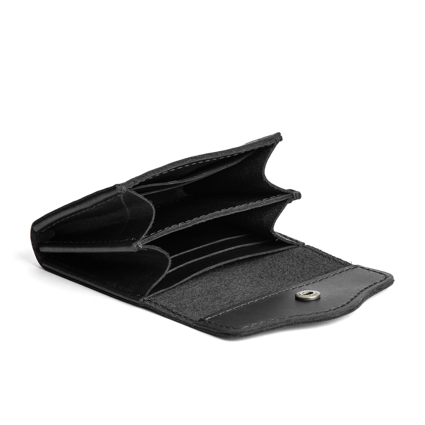 Black | Compact leather wallet with snap closure open