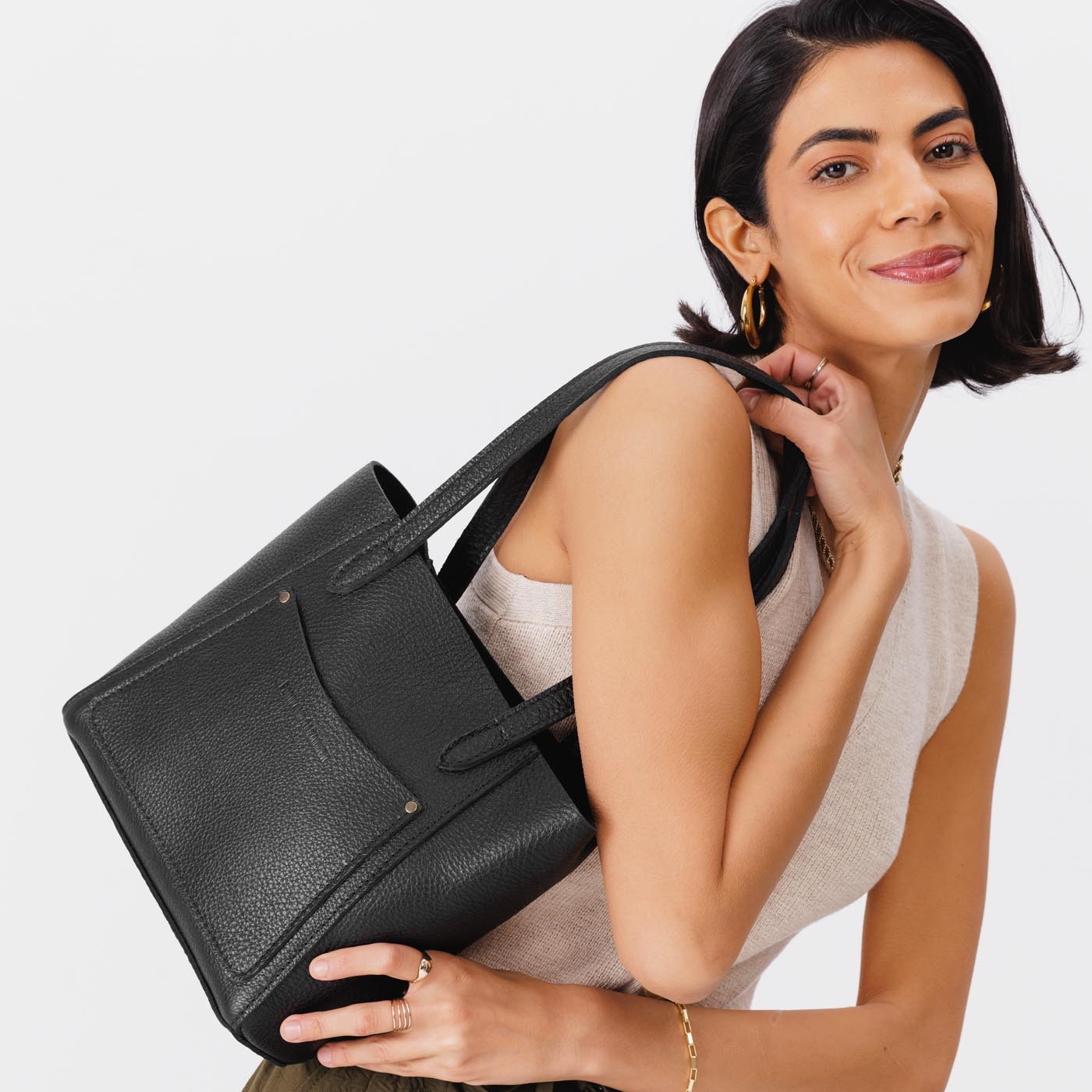 Pebbled--black Small | Slim tote bag with dual shoulder straps and interior and exterior pockets