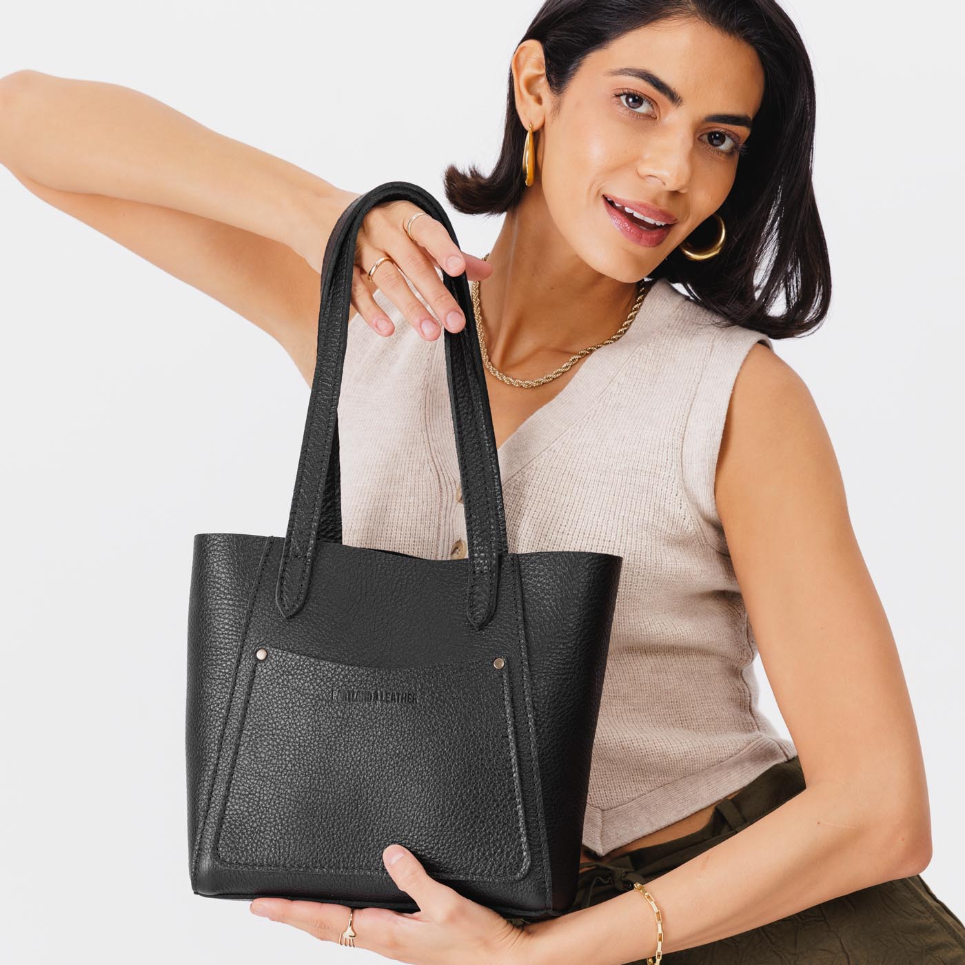 Pebbled--black*Small | Slim tote bag with dual shoulder straps and interior and exterior pockets