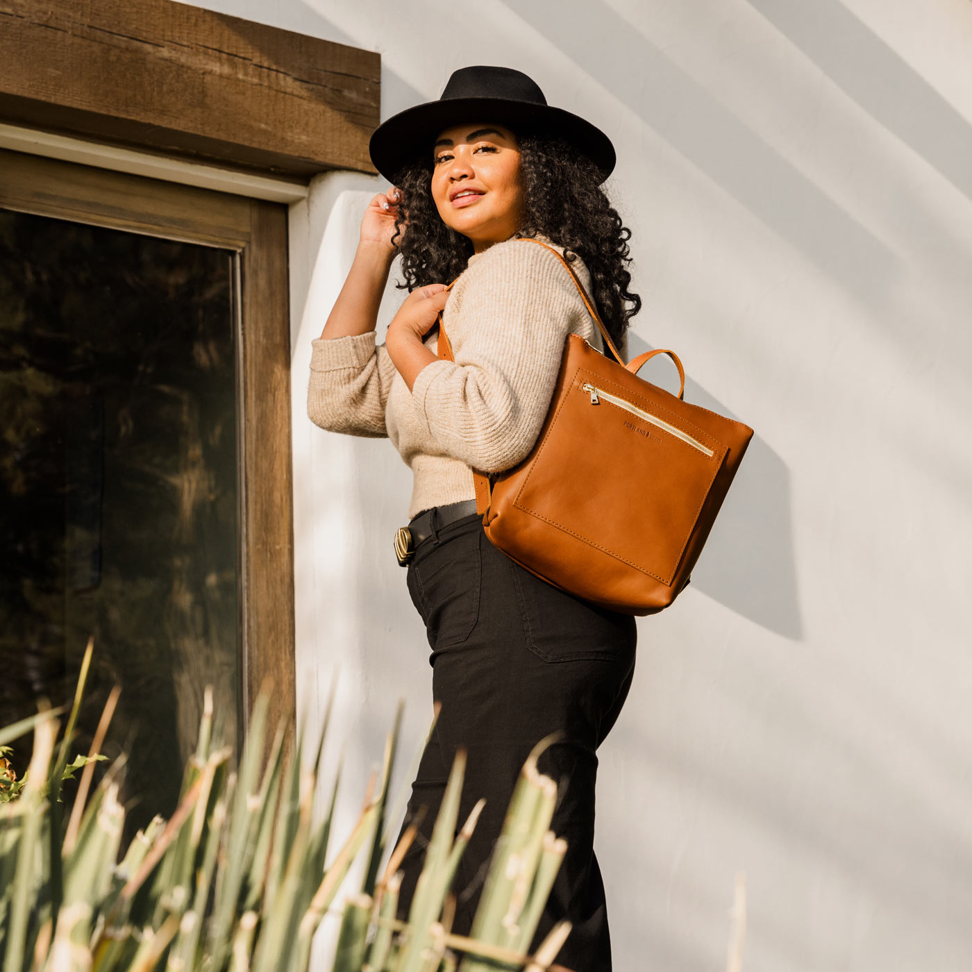  Honey | Model wearing square slim leather tote backpack