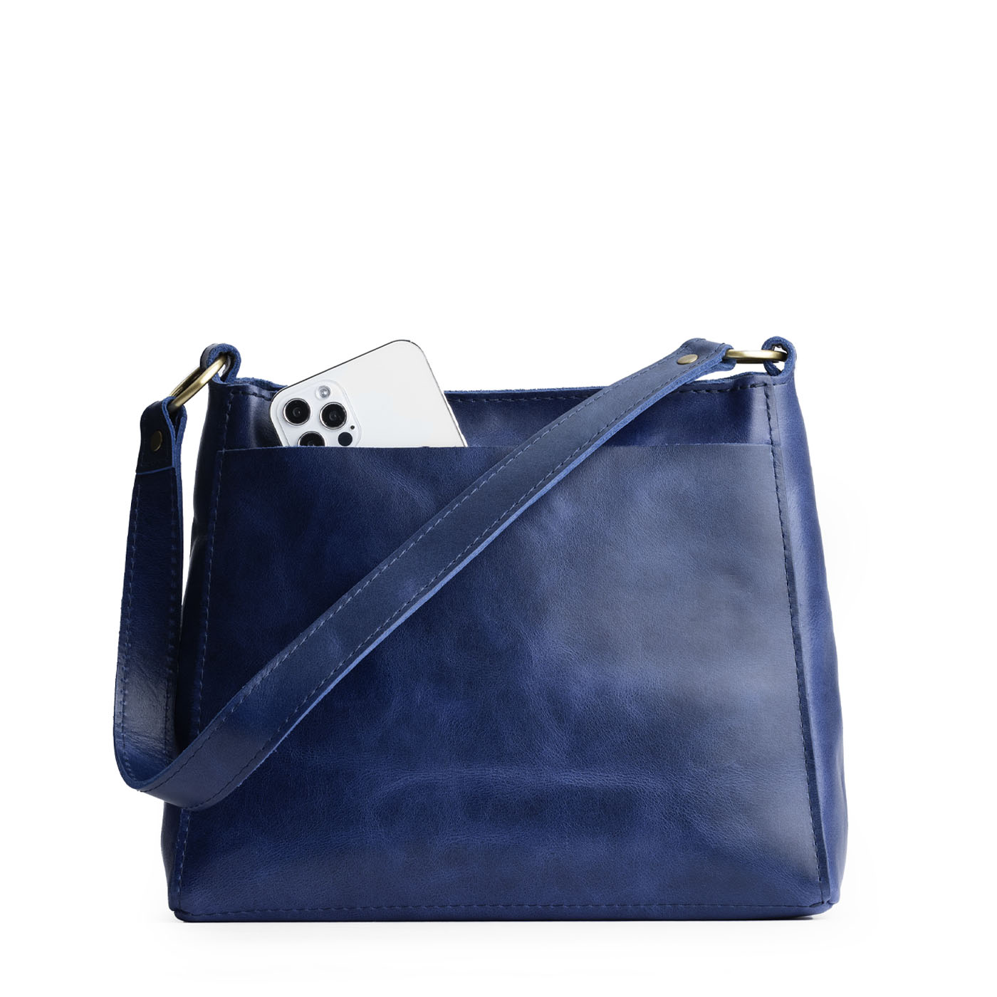 Cowboy Blue | Triangular shoulder bag with antiqued brass finished hardware