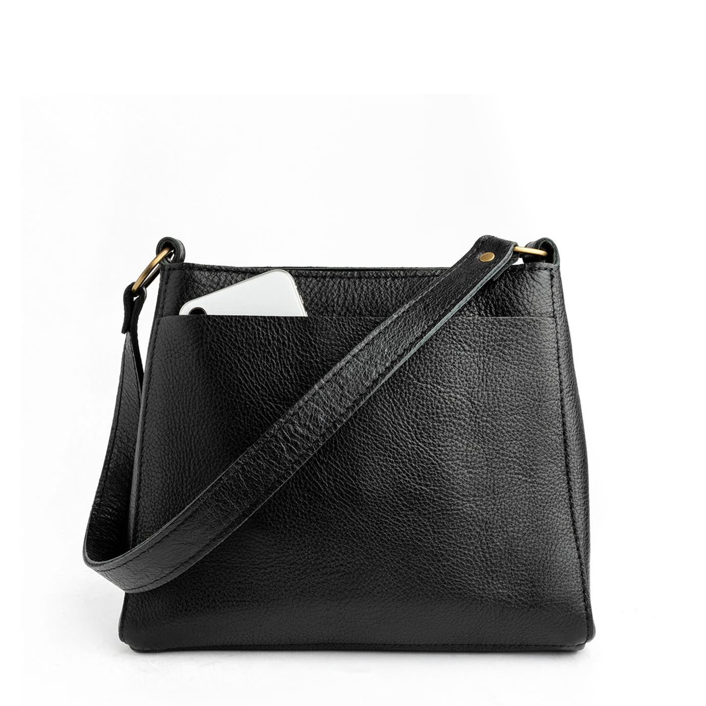 Pebbled--black | Triangular shoulder bag with antiqued brass finished hardware