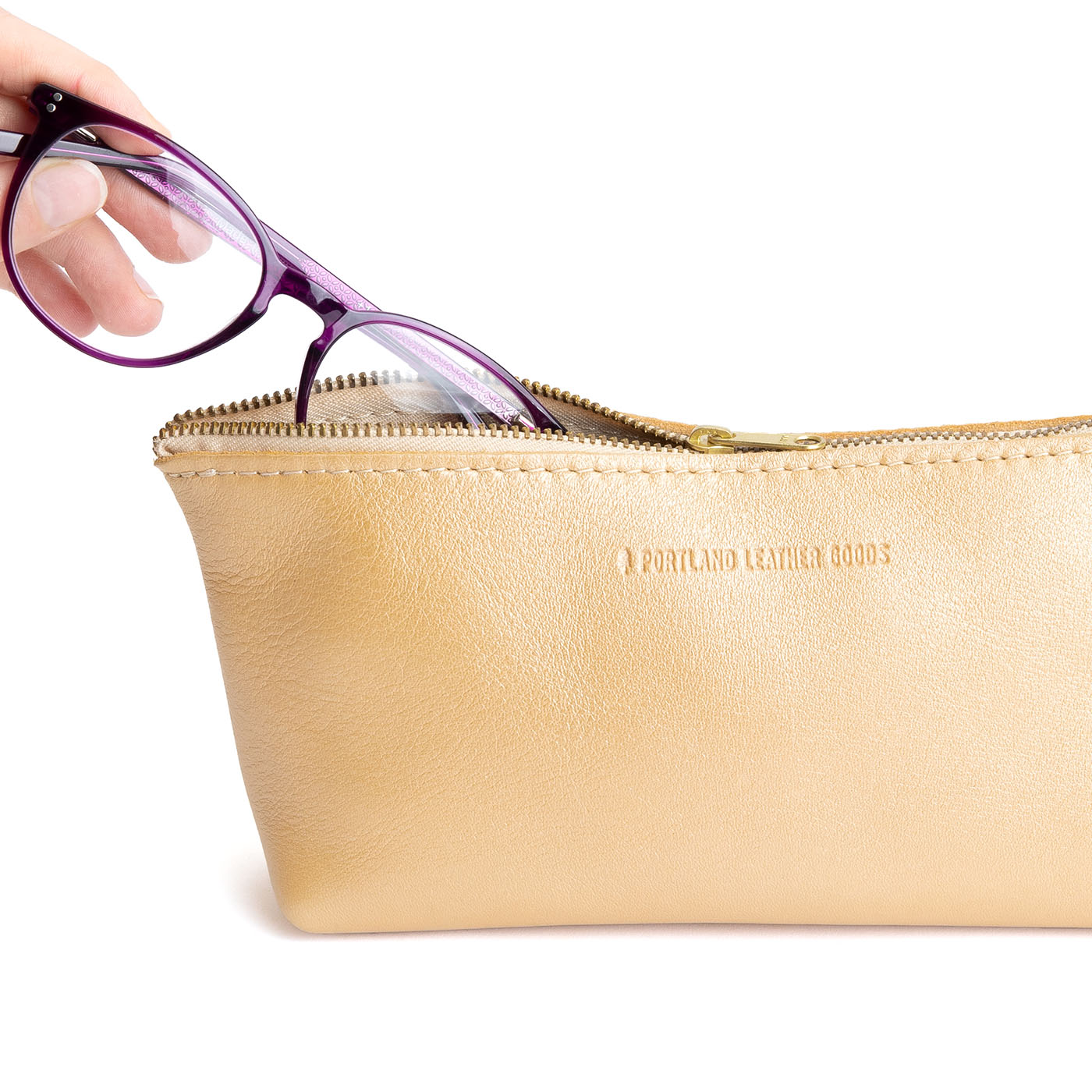 All Color: Champagne | Leather utility bag pouch with top zipper