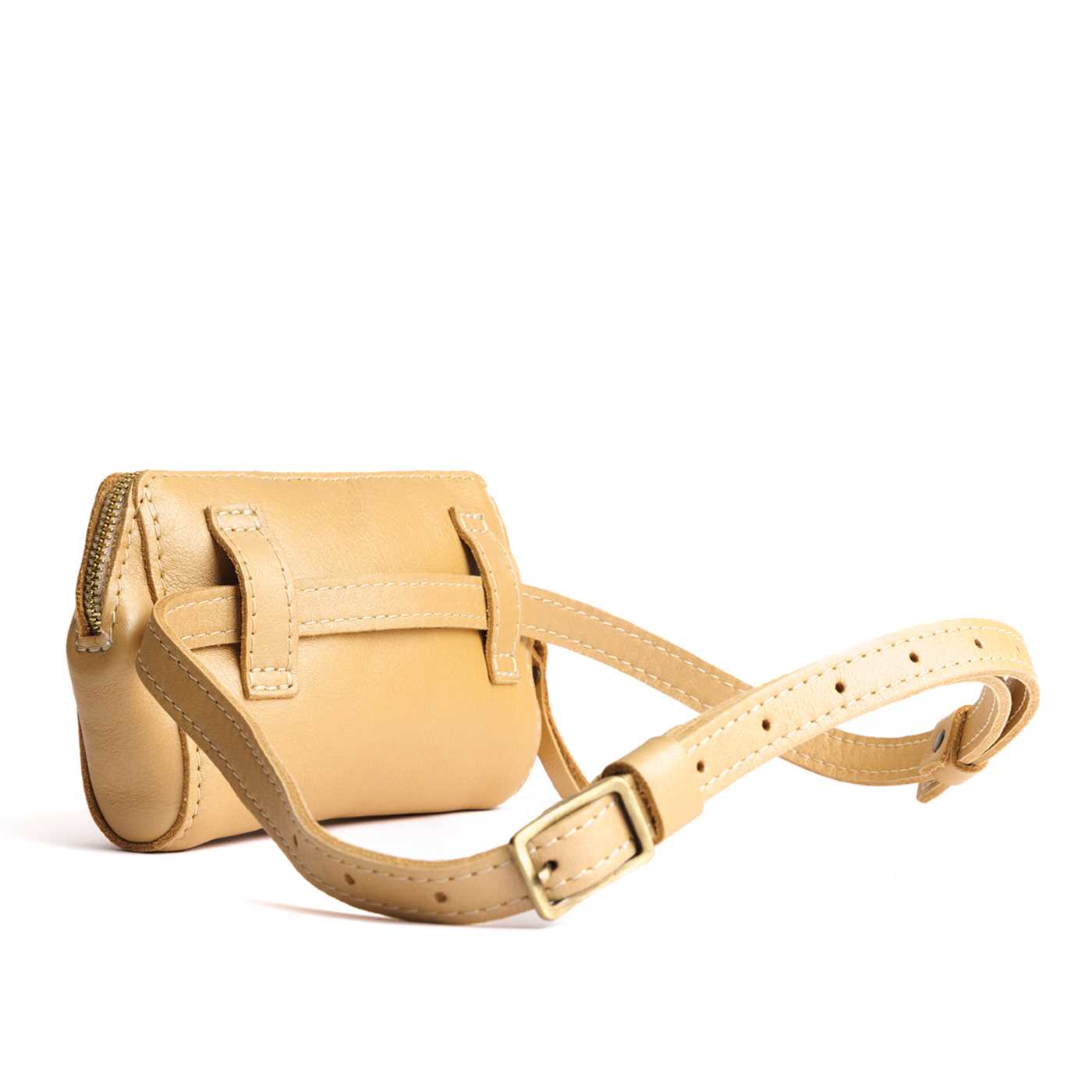  Champagne | Back of petite bag with top zipper closure and adjustable belt strap