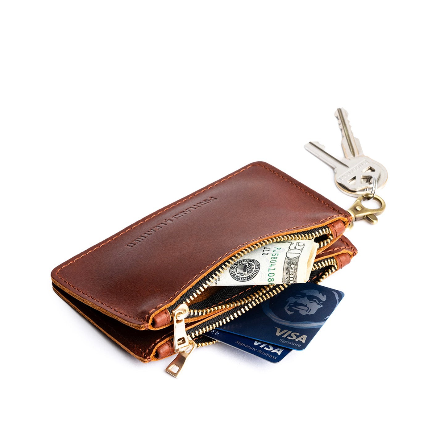 Chestnut | Leather double zip wallet with keychain clasp