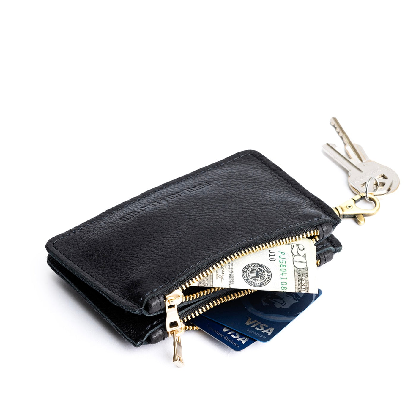 Pebbled--black | Leather double zip wallet with keychain clasp