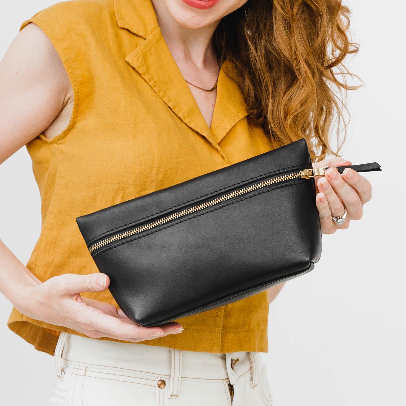 All Color: Black | Large leather makeup bag with zipper