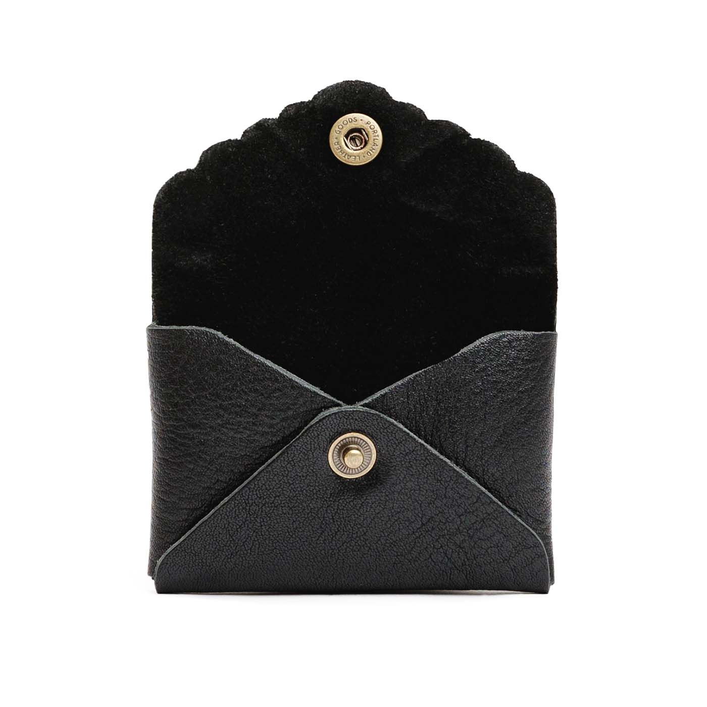 Pebbled--black | Small leather wallet with scalloped edge open