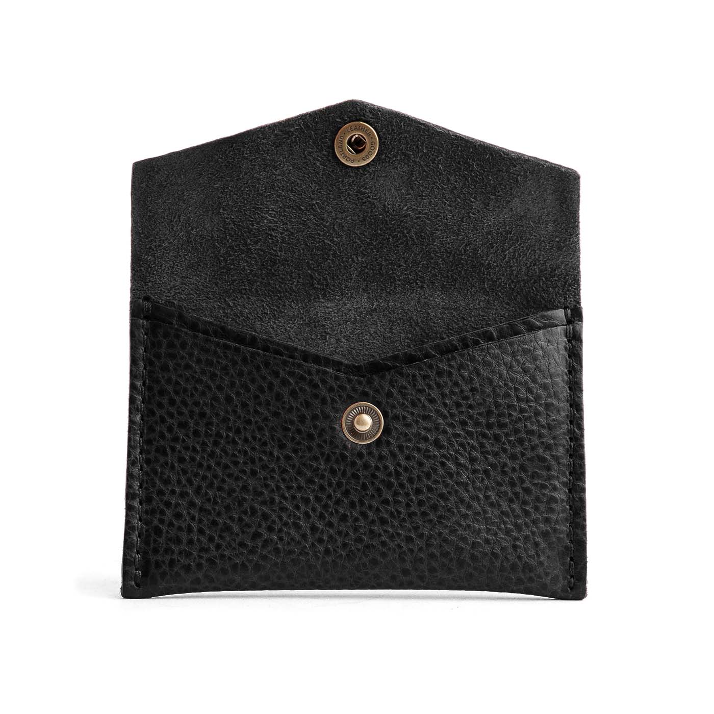 Pebbled--black | Small leather envelope card wallet with snap closure open