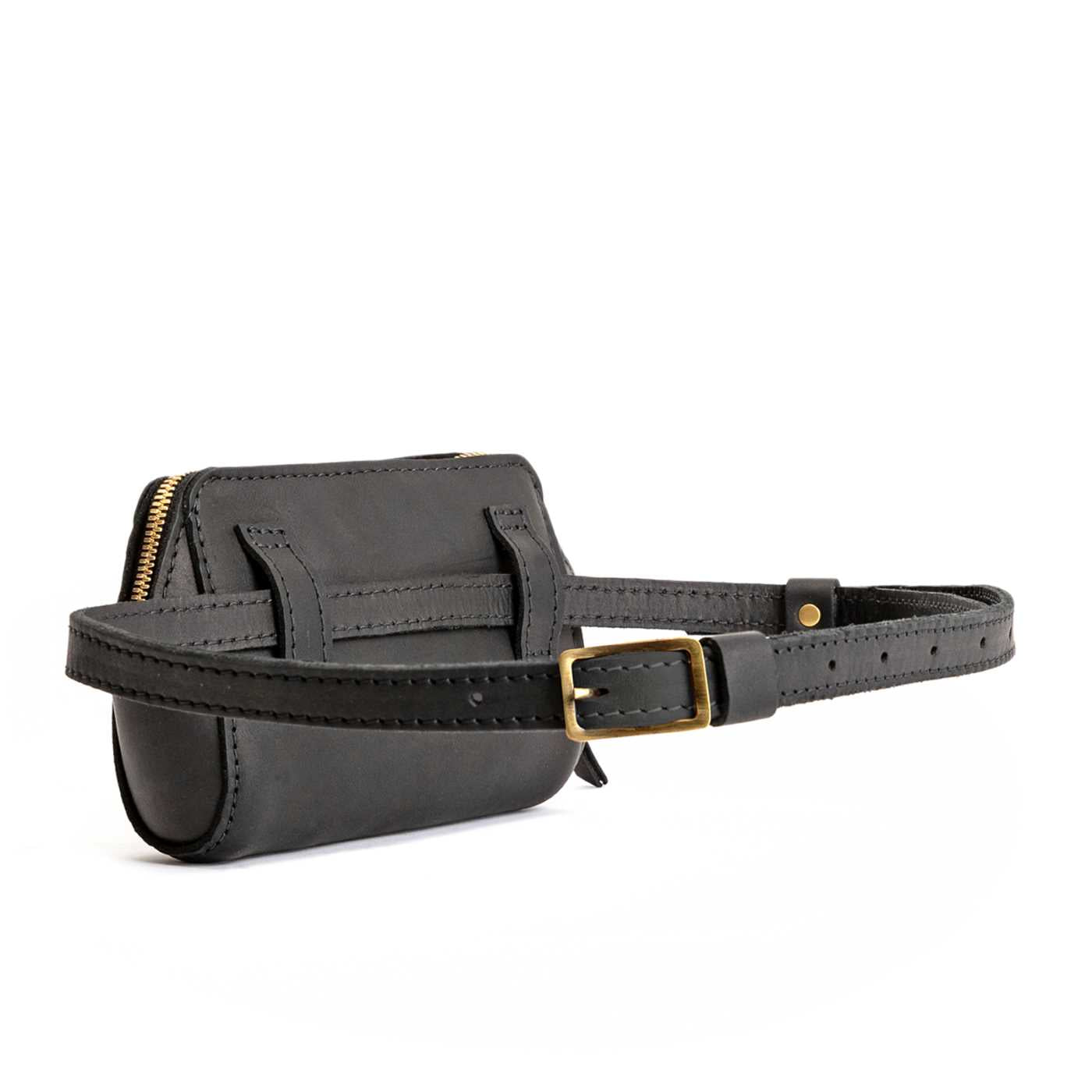  Black | Back of petite bag with top zipper closure and adjustable belt strap