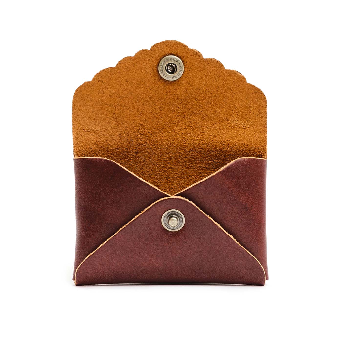 Cognac | Small leather wallet with scalloped edge open