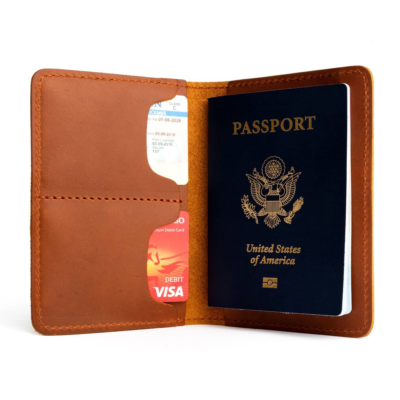 Honey | Leather passport case with PLG logo open shot