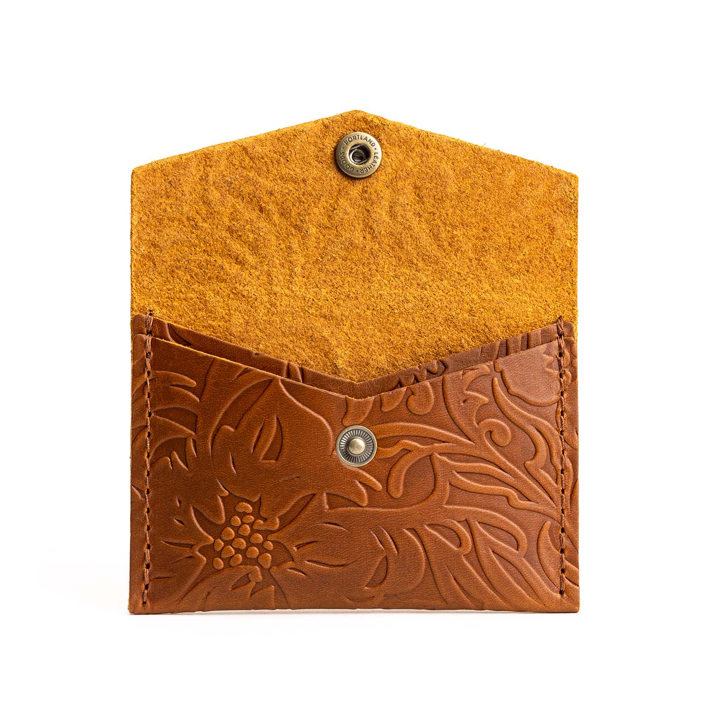 Meadow | Small leather envelope card wallet with snap closure open